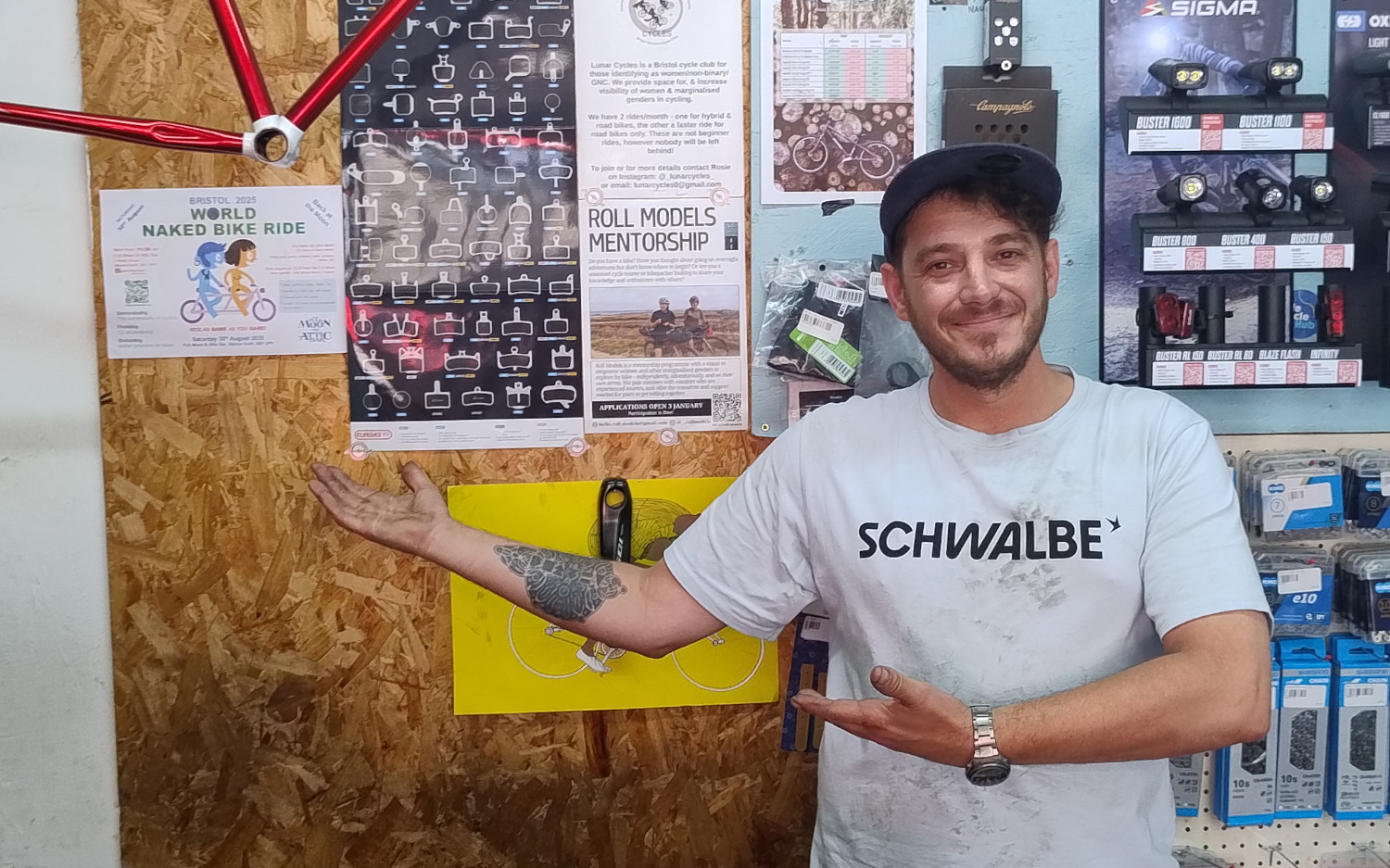 Rollquick chap pointing at WNBR poster